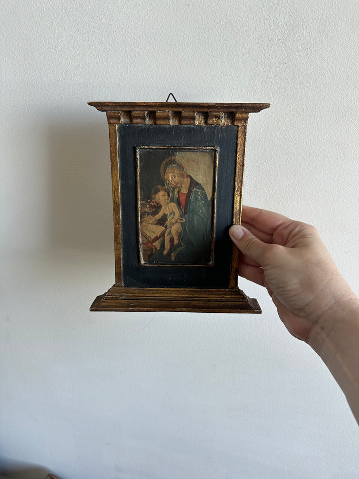 Icône en bois années 40 fond bleu nuit La Vierge et l'enfant
