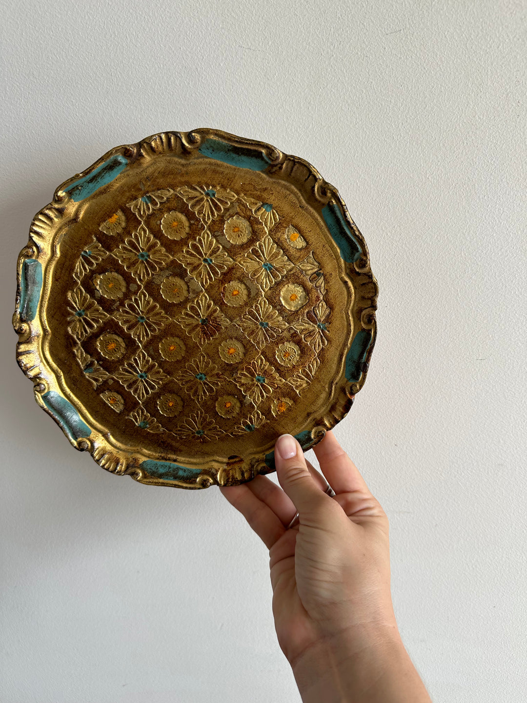 Plateau florentin ancien en bois rond bleu et or