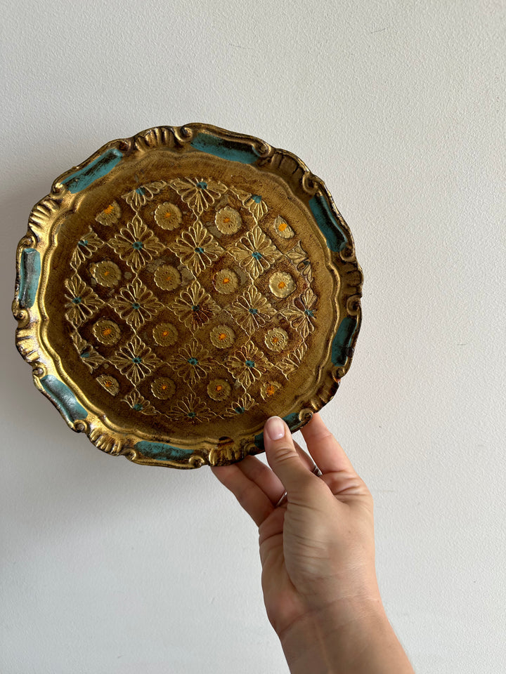 Plateau florentin ancien en bois rond bleu et or