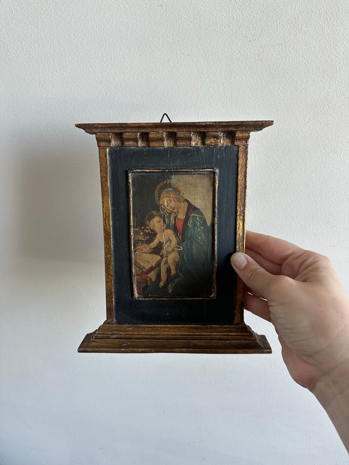 Icône en bois années 40 fond bleu nuit La Vierge et l'enfant