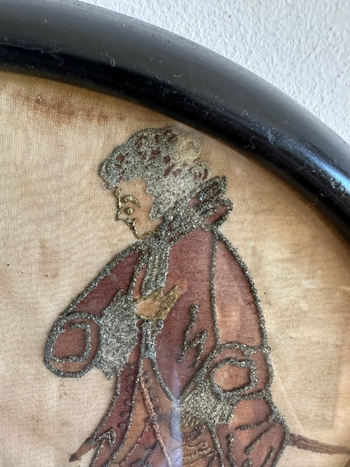 Aquarelle sur soie surpiquée de broderie argentée époque 1900