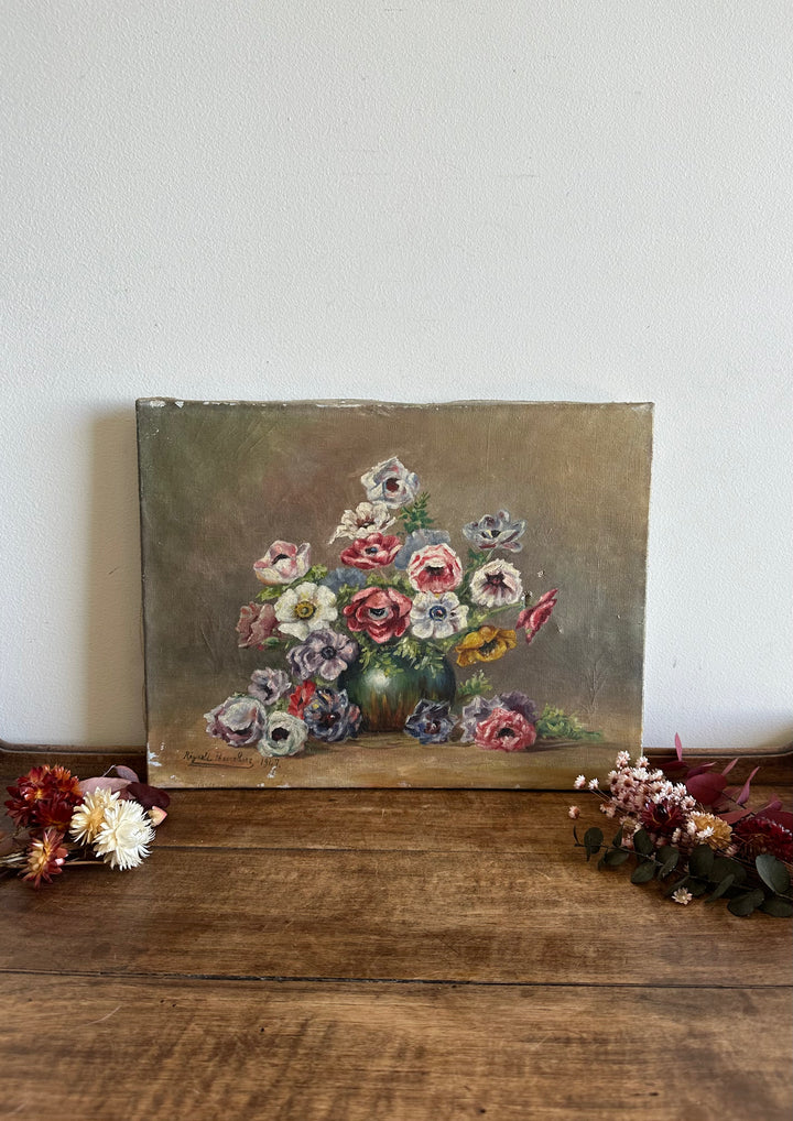 Peinture sur toile bouquet de fleurs signée 1947