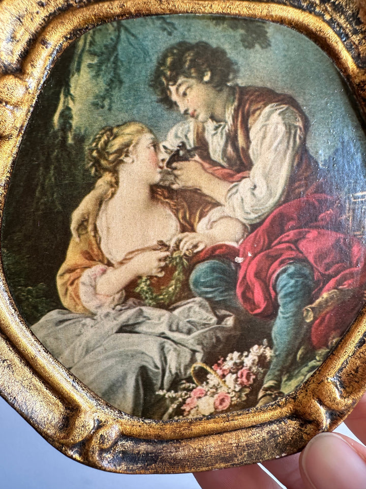 Scène d'époque sur bois encadrée, d'après François Boucher La musette