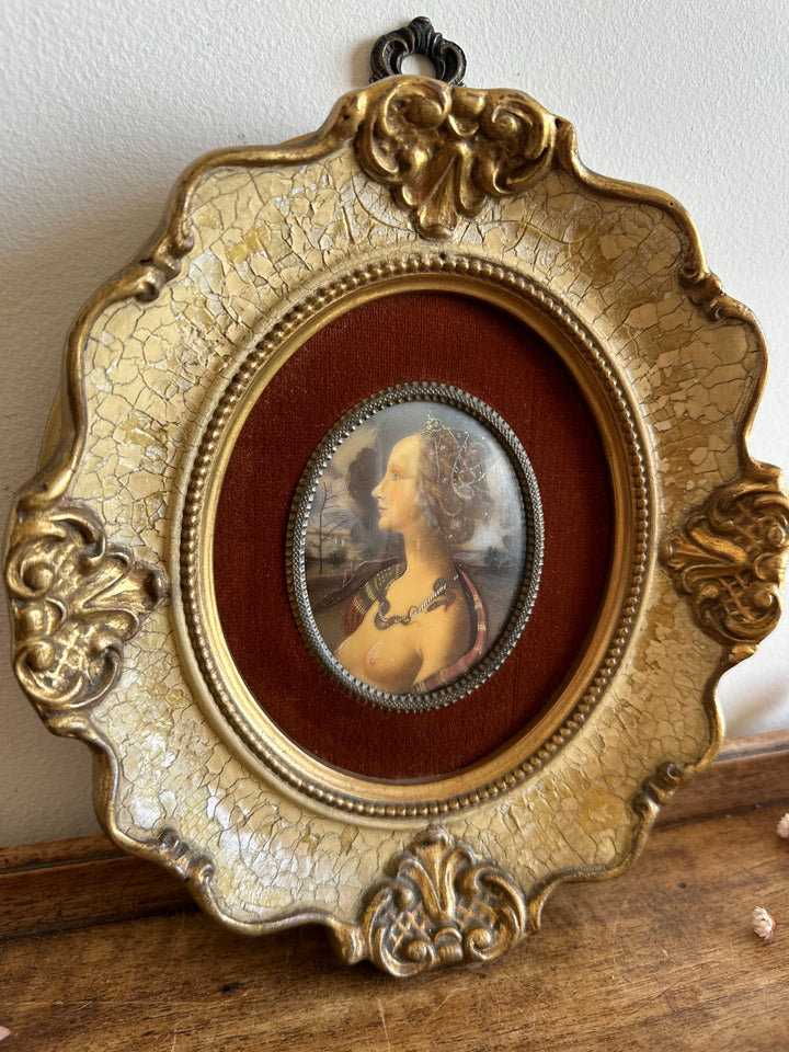 Médaillon sur velours marron glacé encadrement style baroque craquelé