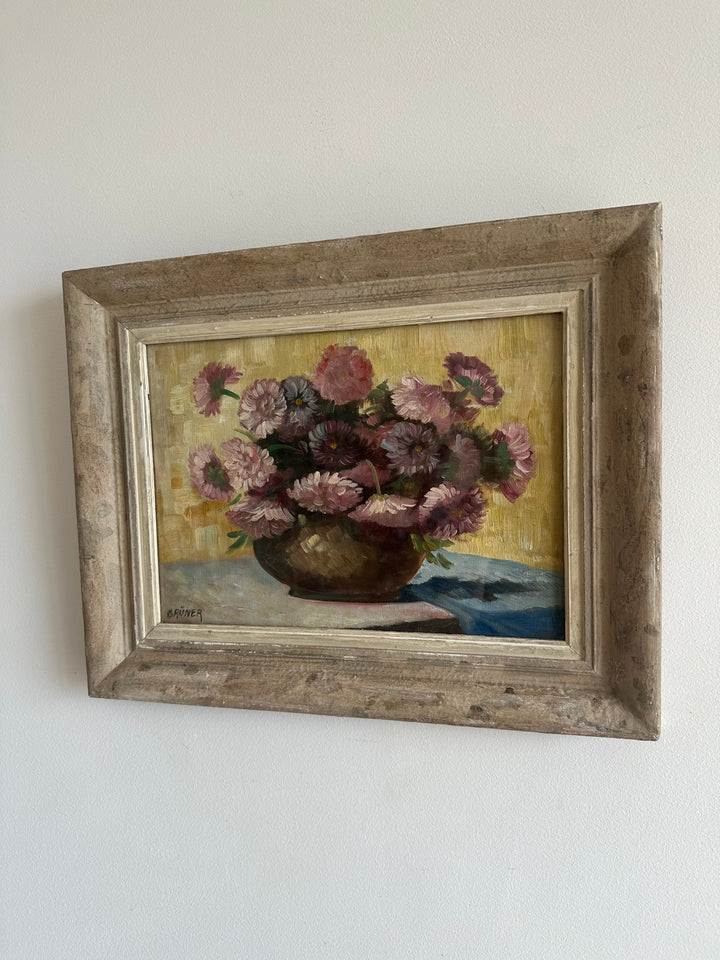 Peinture signée Gruner bouquet de fleurs mauves sur toile