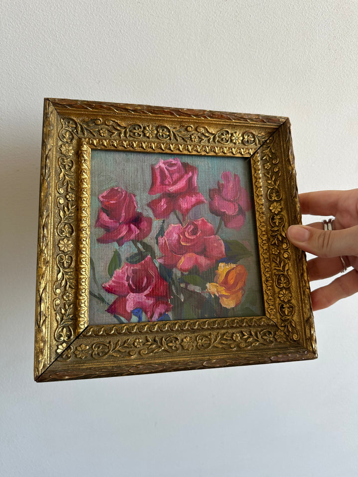 Peinture à l'huile roses sur fond gris cadre napoléon III