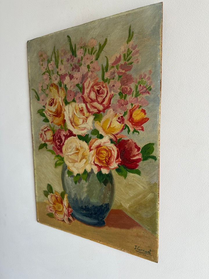 Peinture sur planche fleurs fond vert XL