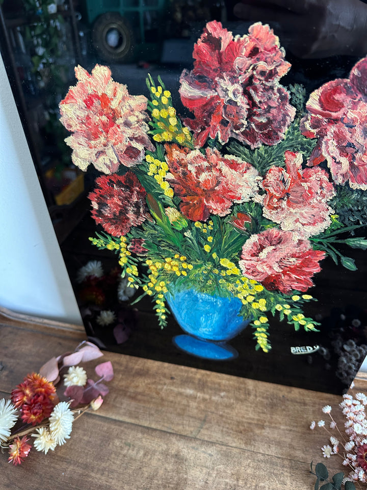 Peinture bouquet de fleurs signée sur plaque de céramique vitrée noire