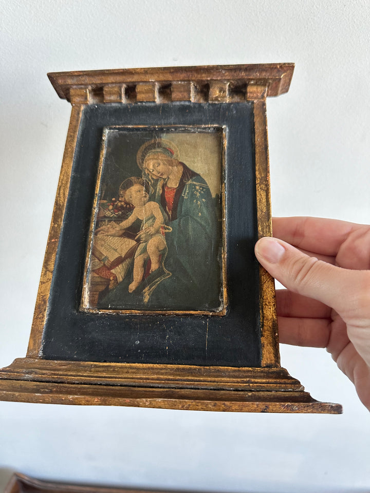 Icône en bois années 40 fond bleu nuit La Vierge et l'enfant
