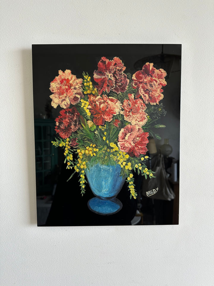 Peinture bouquet de fleurs signée sur plaque de céramique vitrée noire