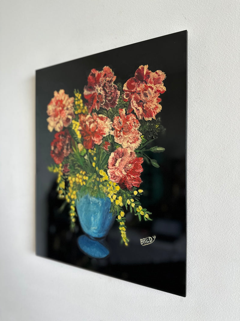 Peinture bouquet de fleurs signée sur plaque de céramique vitrée noire
