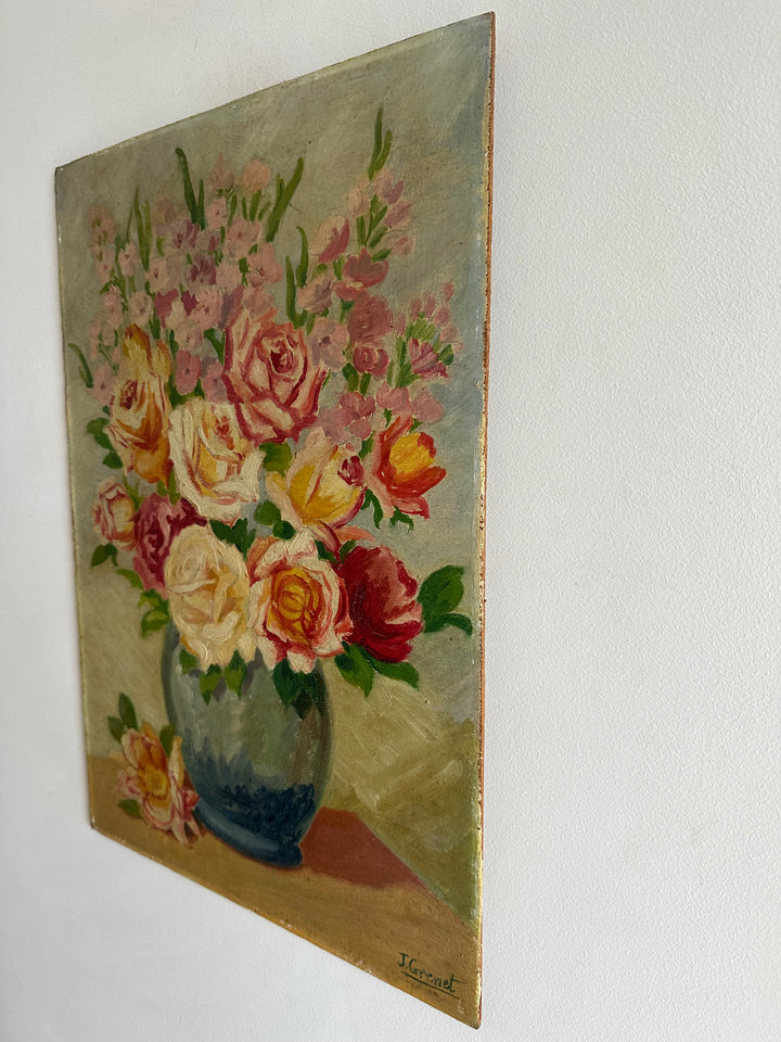 Peinture sur planche fleurs fond vert XL