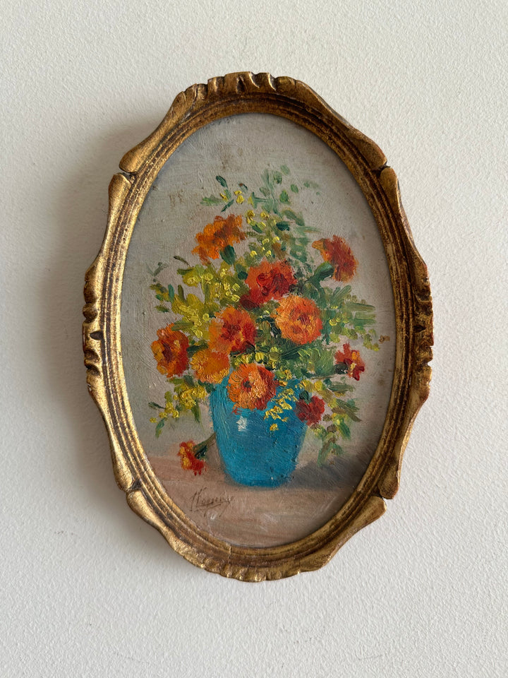 Peinture florale dans son médaillon en bois doré années 1900