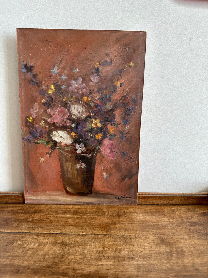 Peinture bouquet de fleurs multicolore sur fond vieux rose 1950