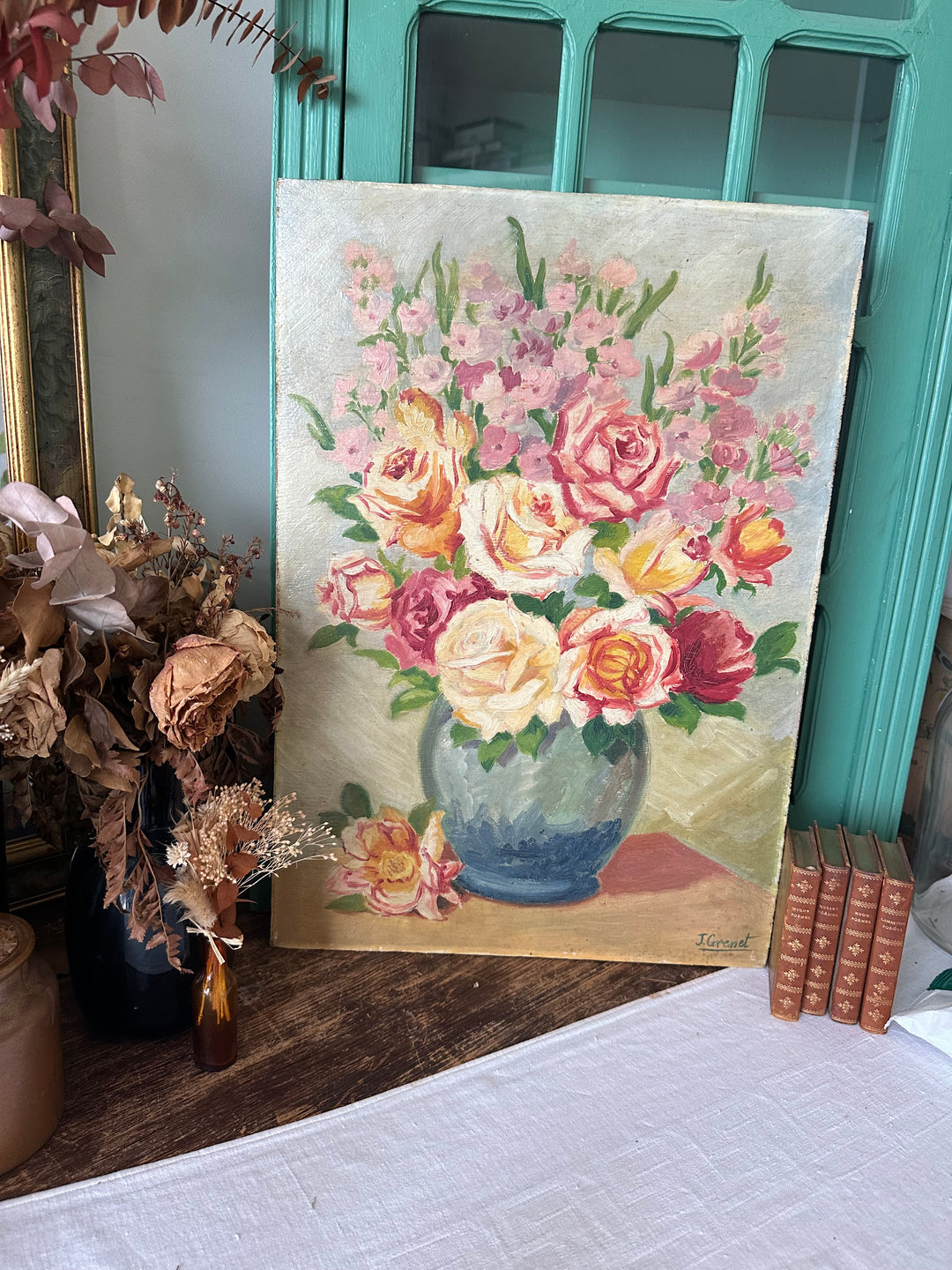 Peinture sur planche fleurs fond vert XL