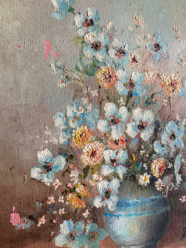Peinture signée bouquet de fleurs bleues et orangées