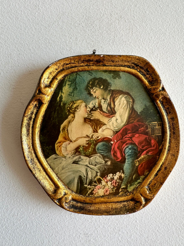 Scène d'époque sur bois encadrée, d'après François Boucher La musette