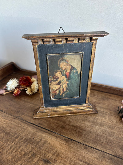 Icône en bois années 40 fond bleu nuit La Vierge et l'enfant