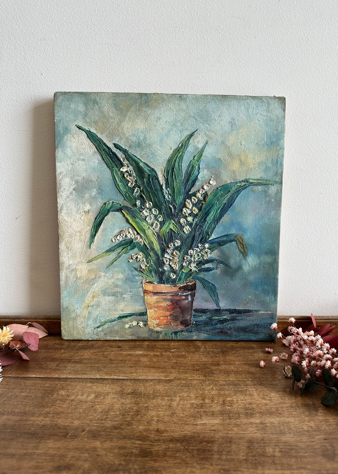 Peinture bouquet de muguet fond bleu ciel