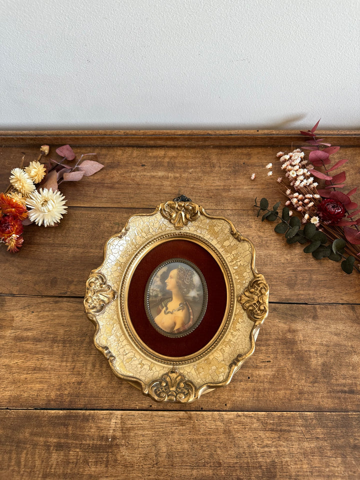 Médaillon sur velours marron glacé encadrement style baroque craquelé