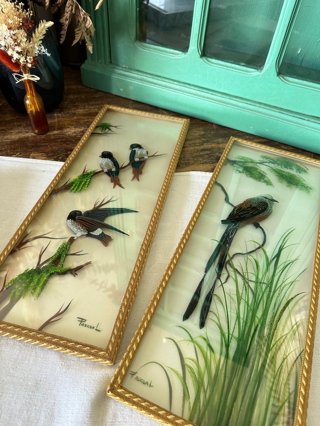 Peinture sur planche de verre oiseaux sur leurs branches