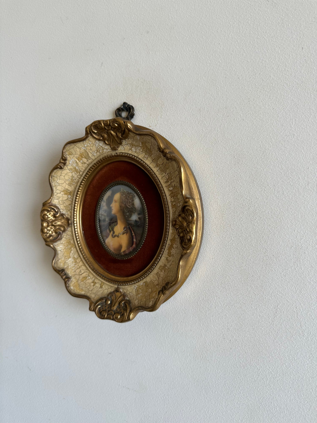 Médaillon sur velours marron glacé encadrement style baroque craquelé