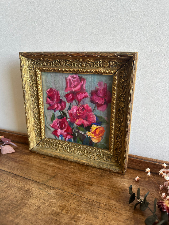 Peinture à l'huile roses sur fond gris cadre napoléon III