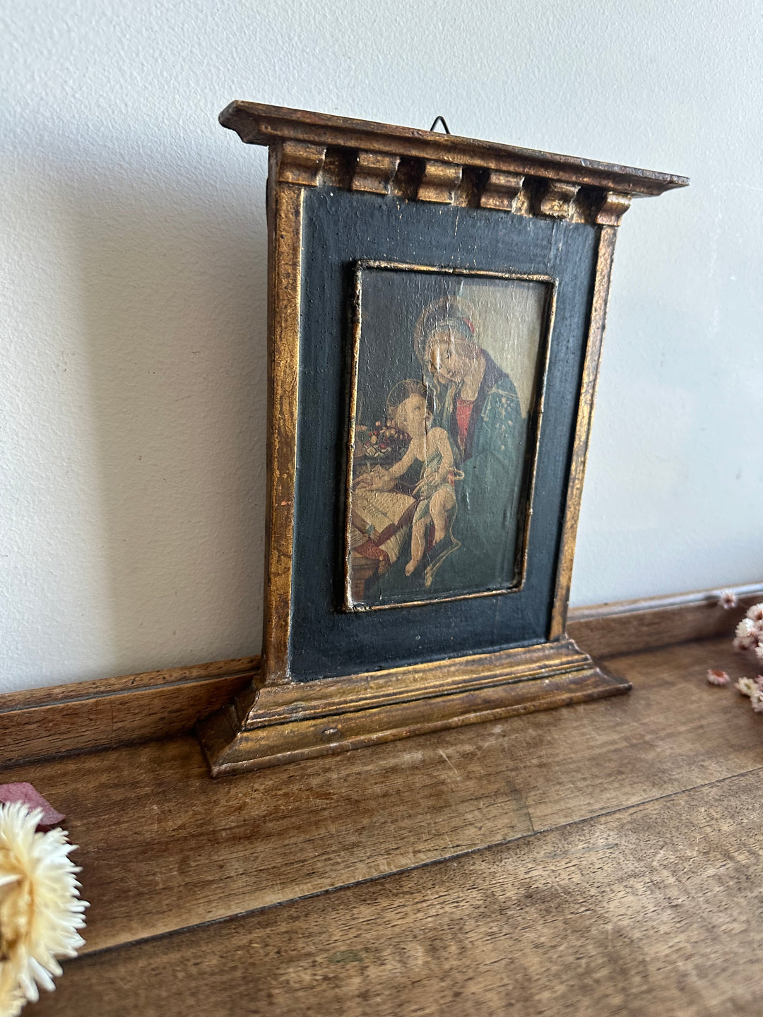 Icône en bois années 40 fond bleu nuit La Vierge et l'enfant