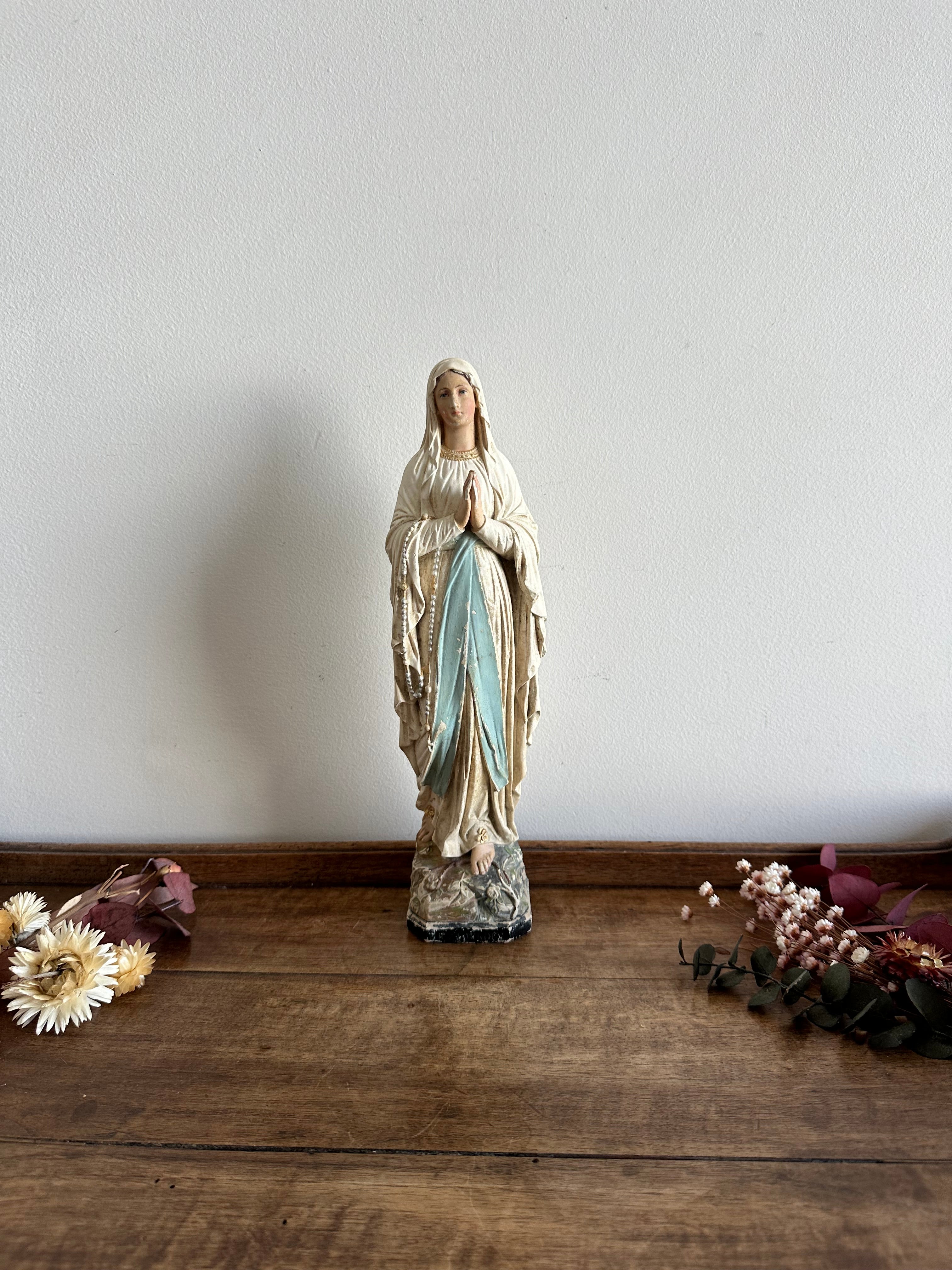 Statuette Vierge Sous Dais XIXème, Porcelaine Polychrome, France