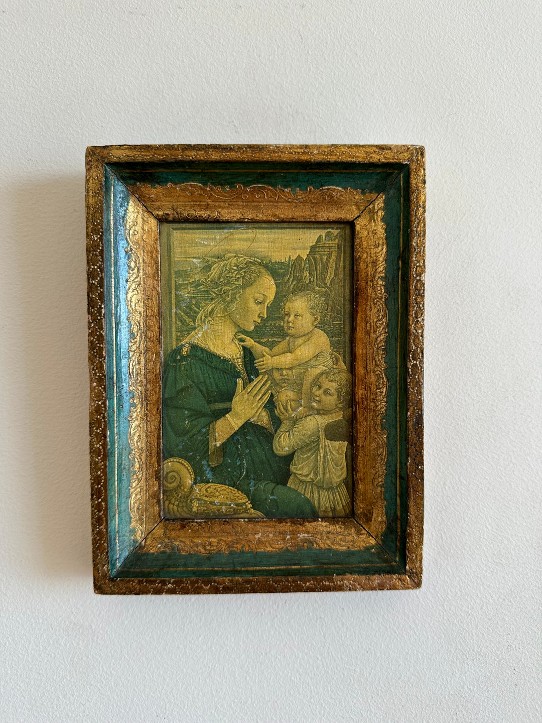Icône florentine dorée et verte représentant la vierge