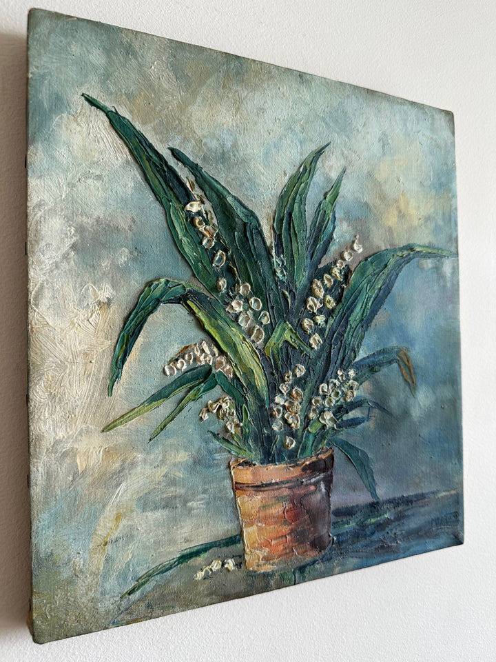 Peinture bouquet de muguet fond bleu ciel