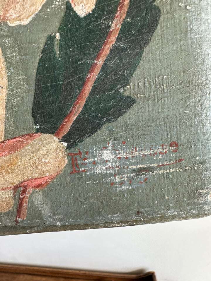 Peinture sur bois jeune fille à la harpe 1910