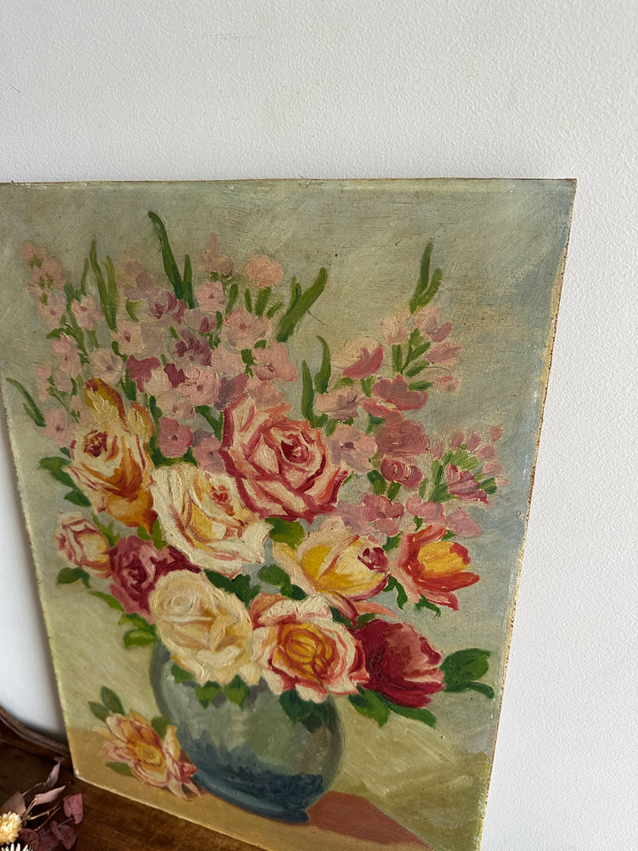 Peinture sur planche fleurs fond vert XL