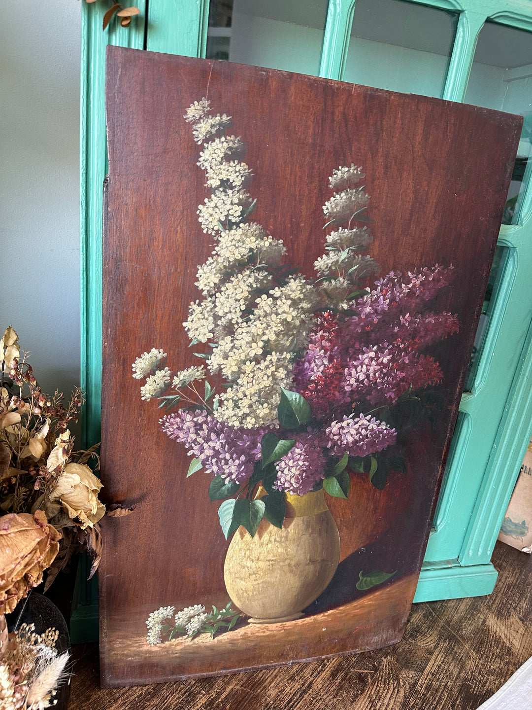 Peinture florale sur planche de bois années 1900