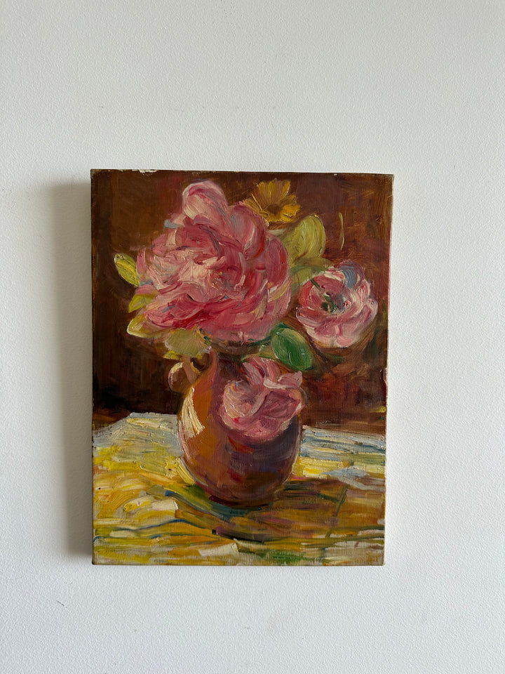 Bouquet de fleurs peint sur toile années 50