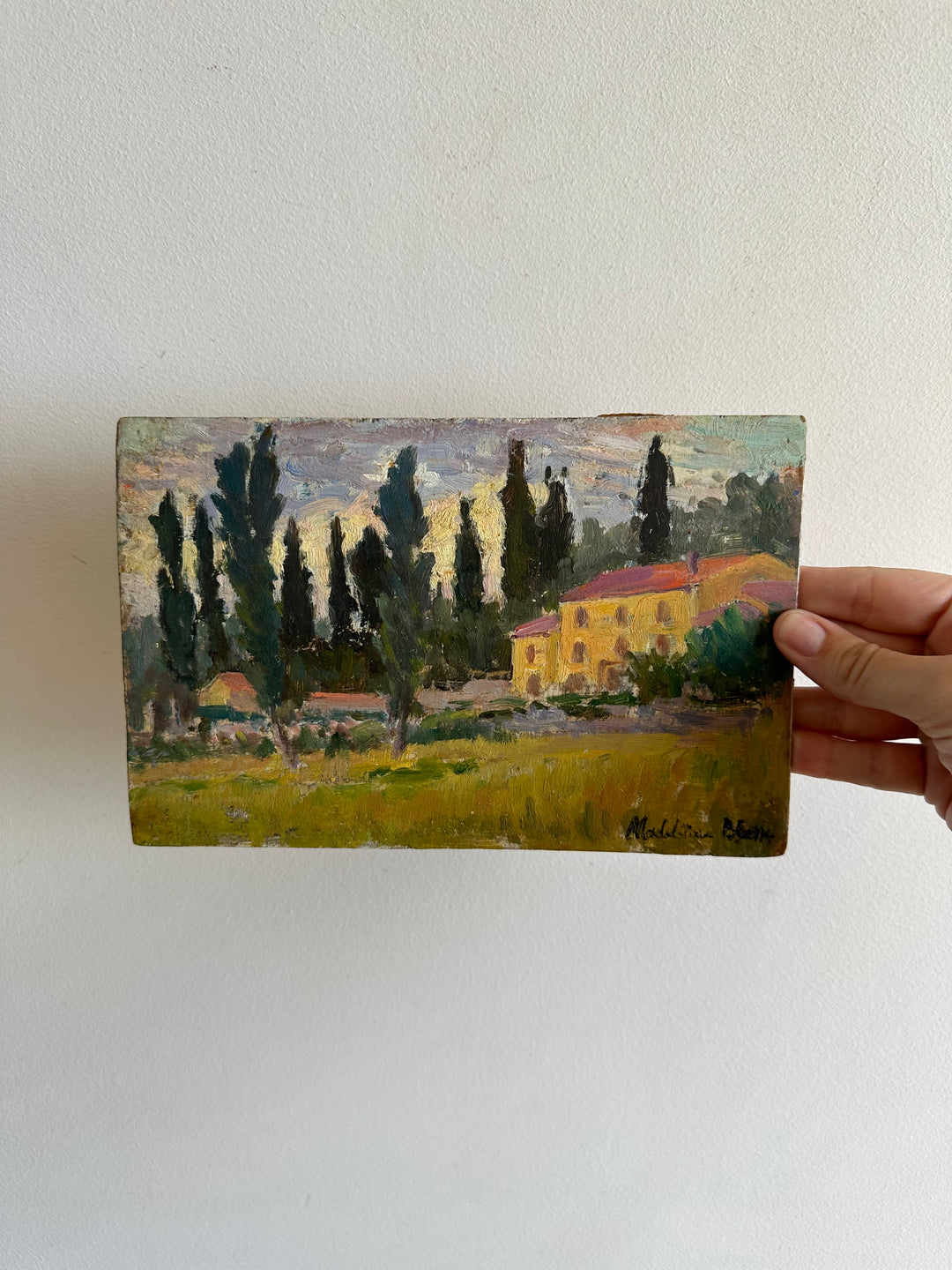 Paysage de campagne peint sur planche