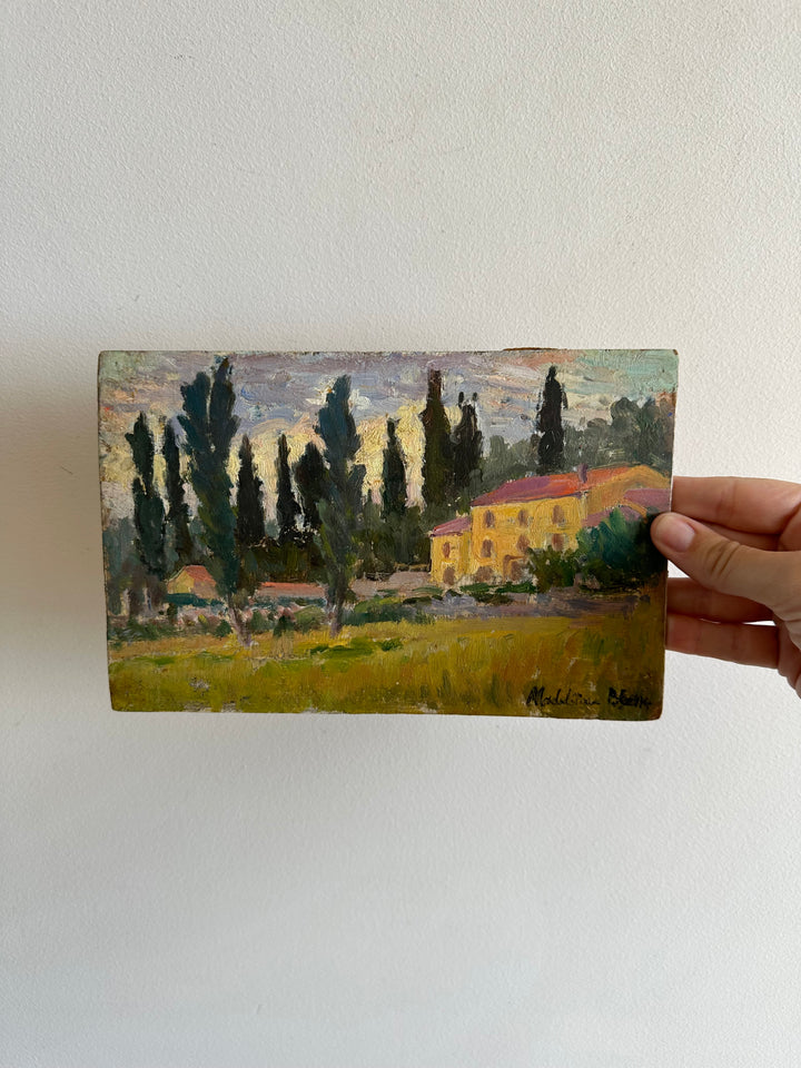 Paysage de campagne peint sur planche