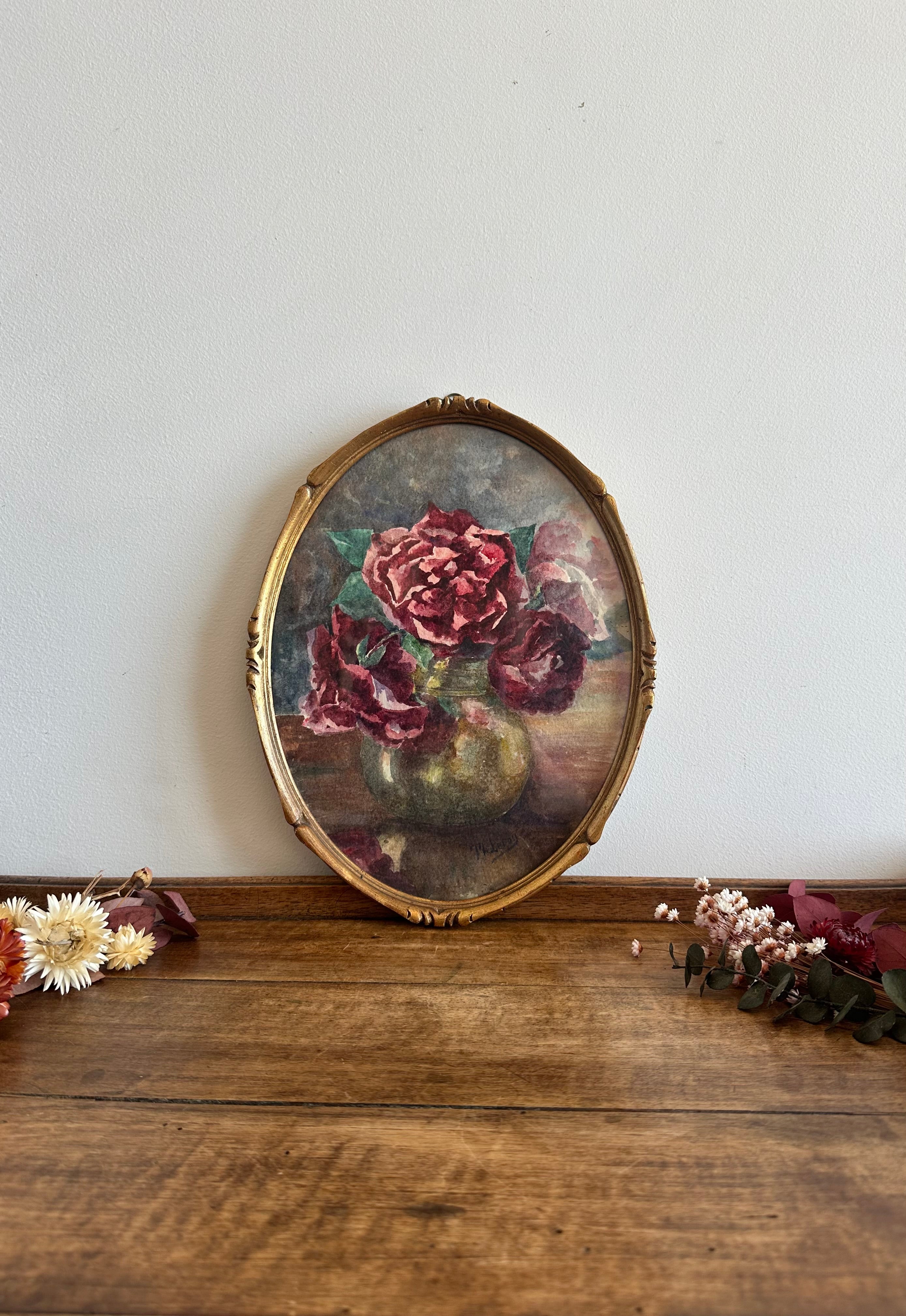 Aquarelle ancienne - tige de roses - encadrée | Marne Antic