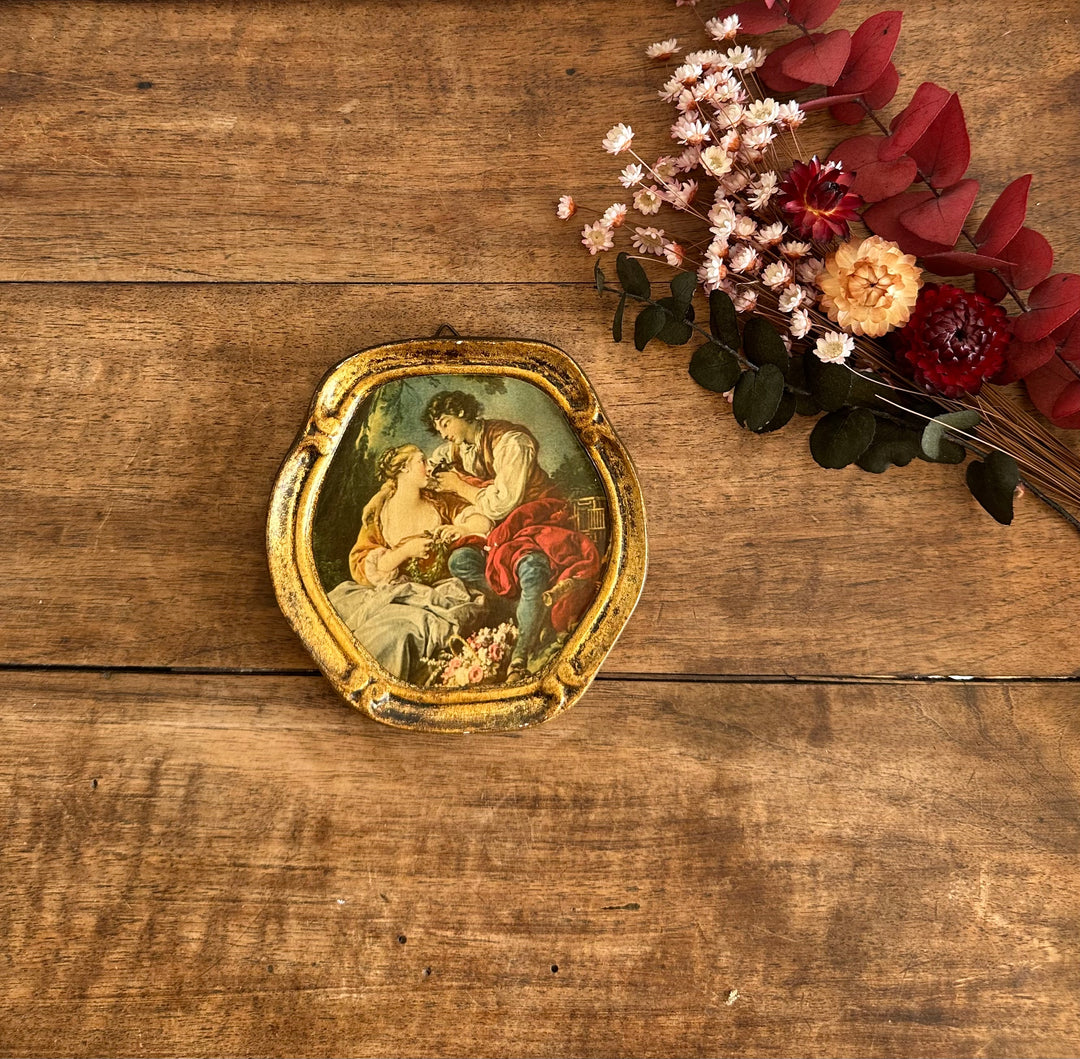 Scène d'époque sur bois encadrée, d'après François Boucher La musette