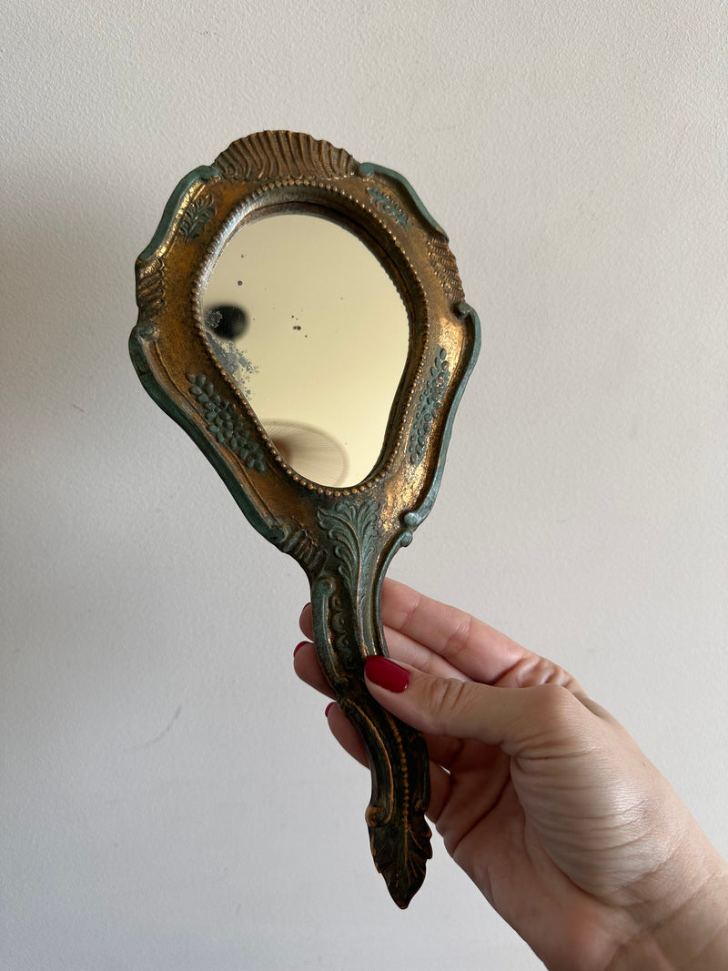 Miroir à main en bois style florentin or et vert