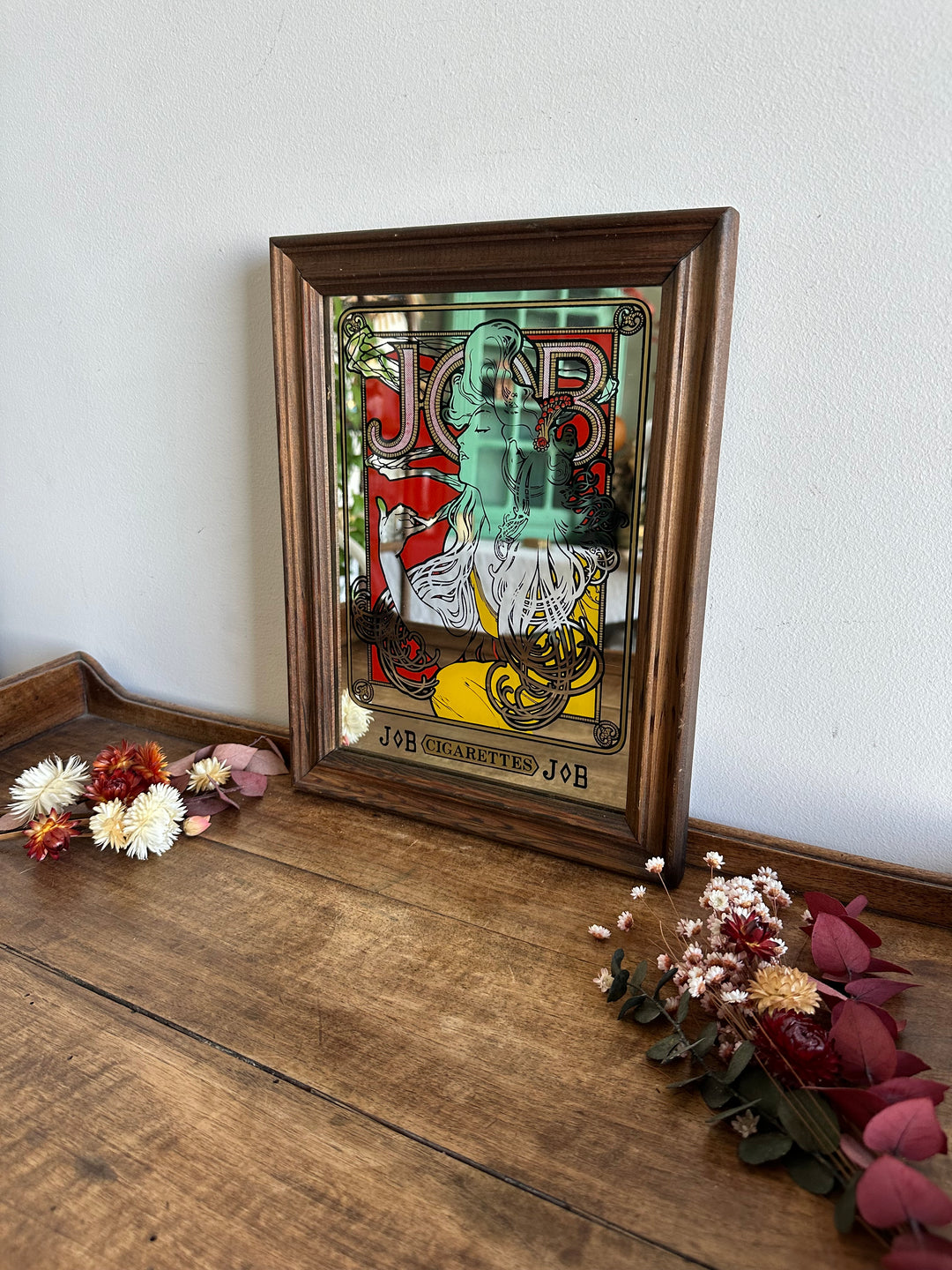Miroir publicitaire Art Nouveau style Mucha Job cigarettes années 70.