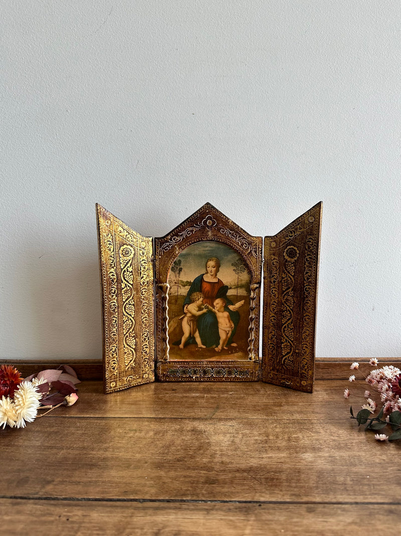 Icône religieuse triptyque italienne en bois gravé