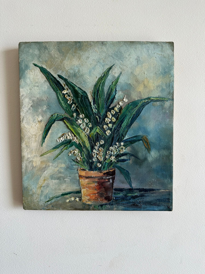 Peinture bouquet de muguet fond bleu ciel