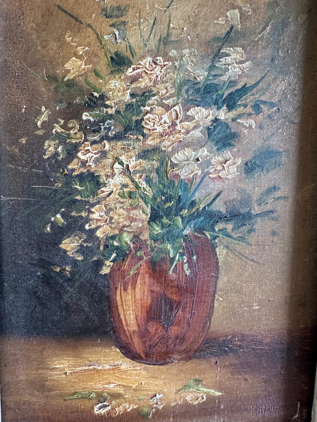 Peinture sur planche nuances marrons encadrement bois blanc épais