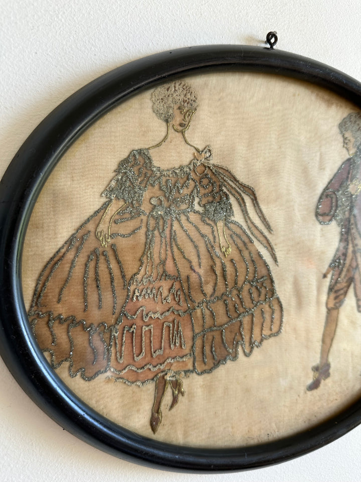 Aquarelle sur soie surpiquée de broderie argentée époque 1900