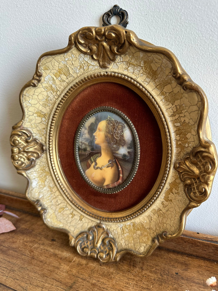 Médaillon sur velours marron glacé encadrement style baroque craquelé