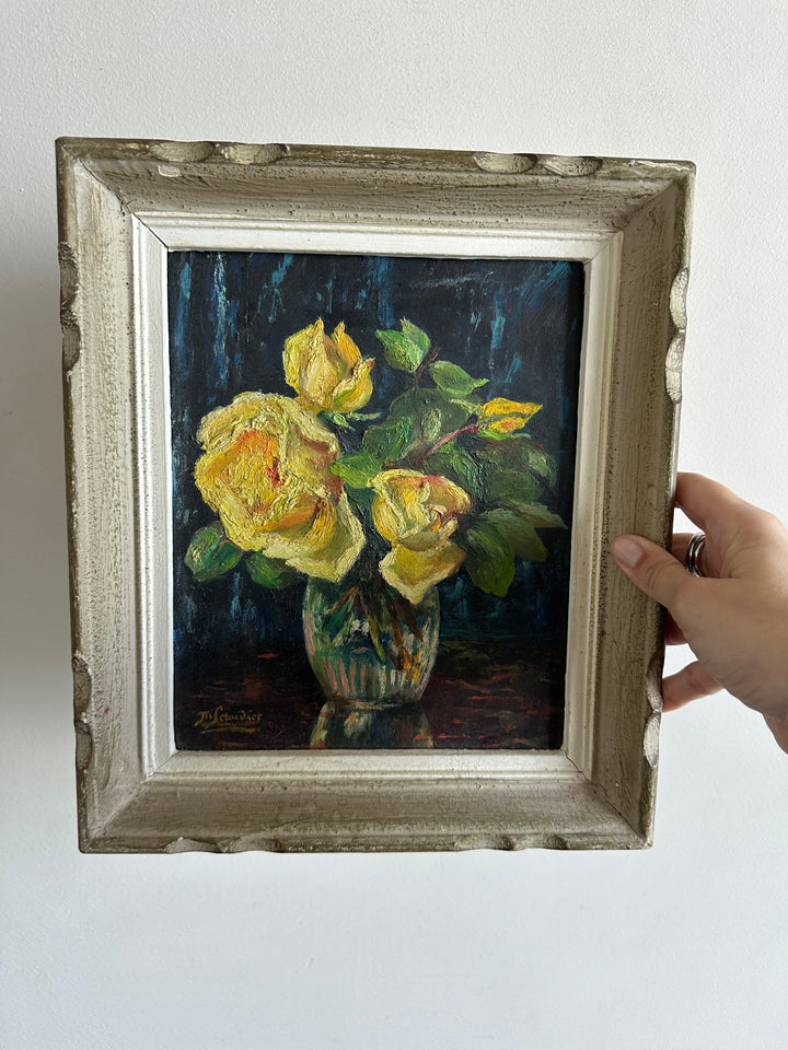 Peinture fleurs jaunes fond bleu nuit années 71