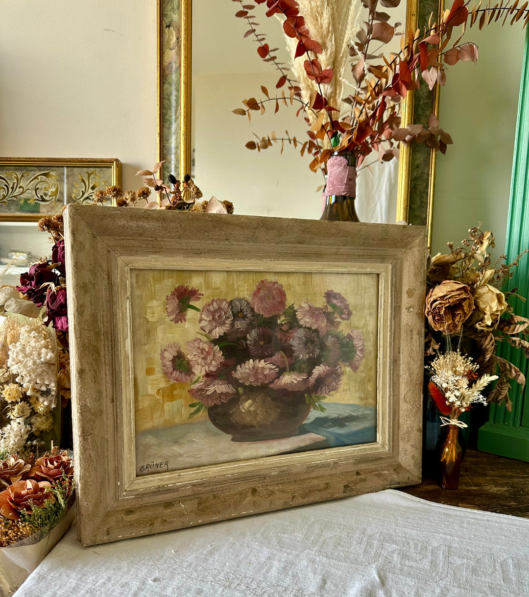 Peinture signée Gruner bouquet de fleurs mauves sur toile