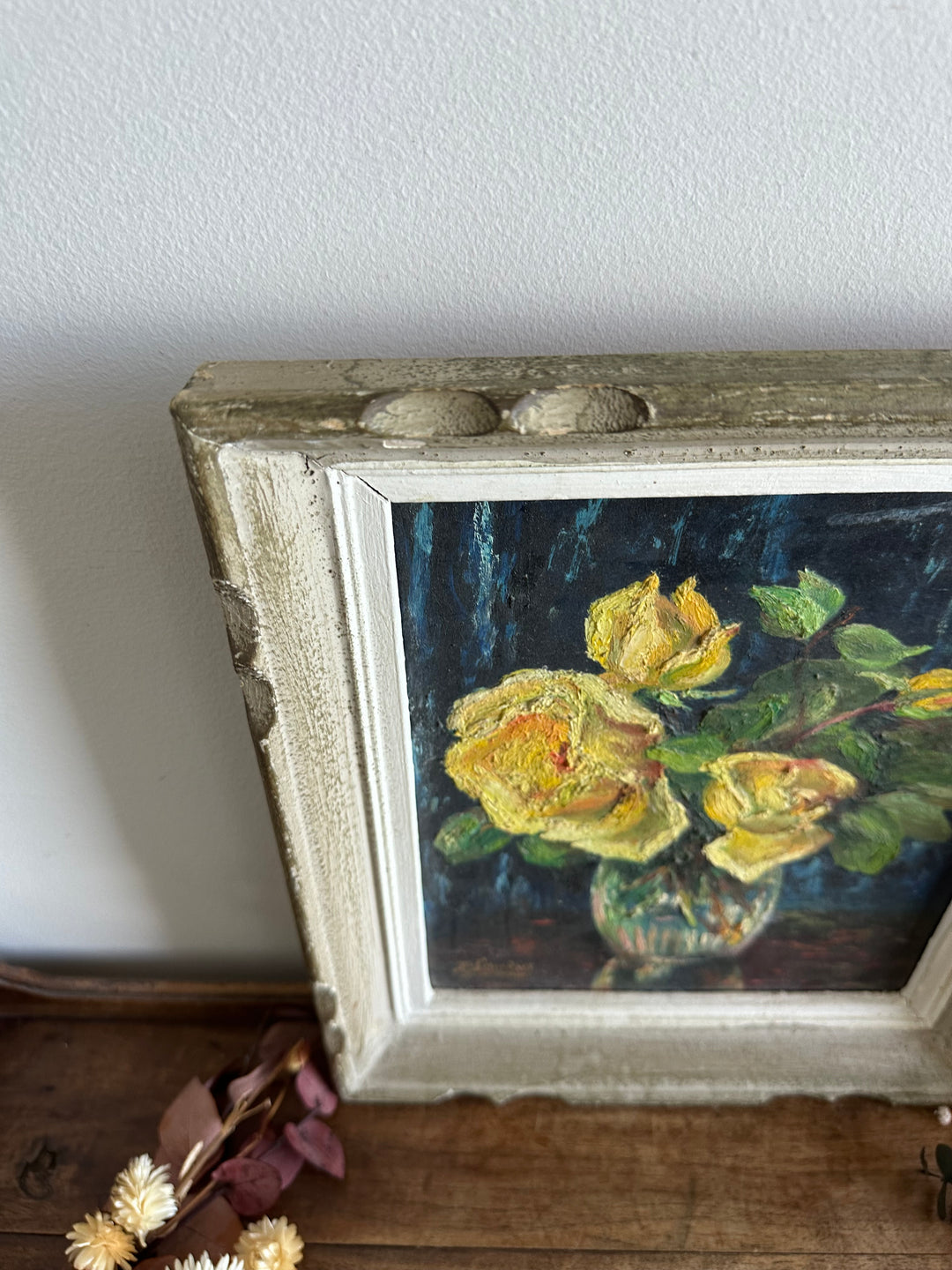 Peinture fleurs jaunes fond bleu nuit années 71