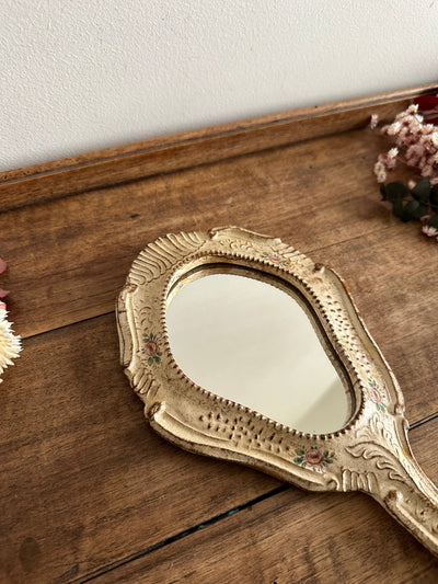 Miroir à main florentin crème décorations florales